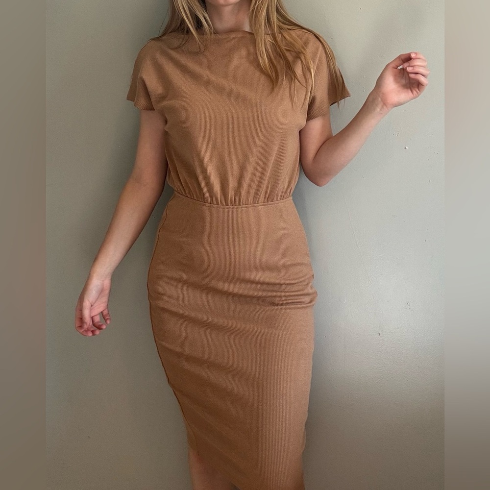 MEROKEETY Brown Cowl Neck Midi Bodycon Dress - Picture 3 of 5